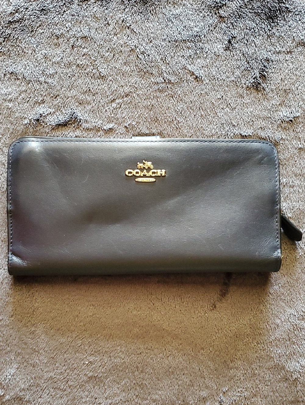 Coach Black Leather Zip-Around Wallet with Gold Logo Detail